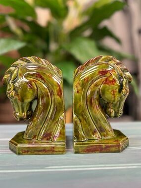 Mid Century Glazed Ceramic Horse Head Bookends in Olive Green